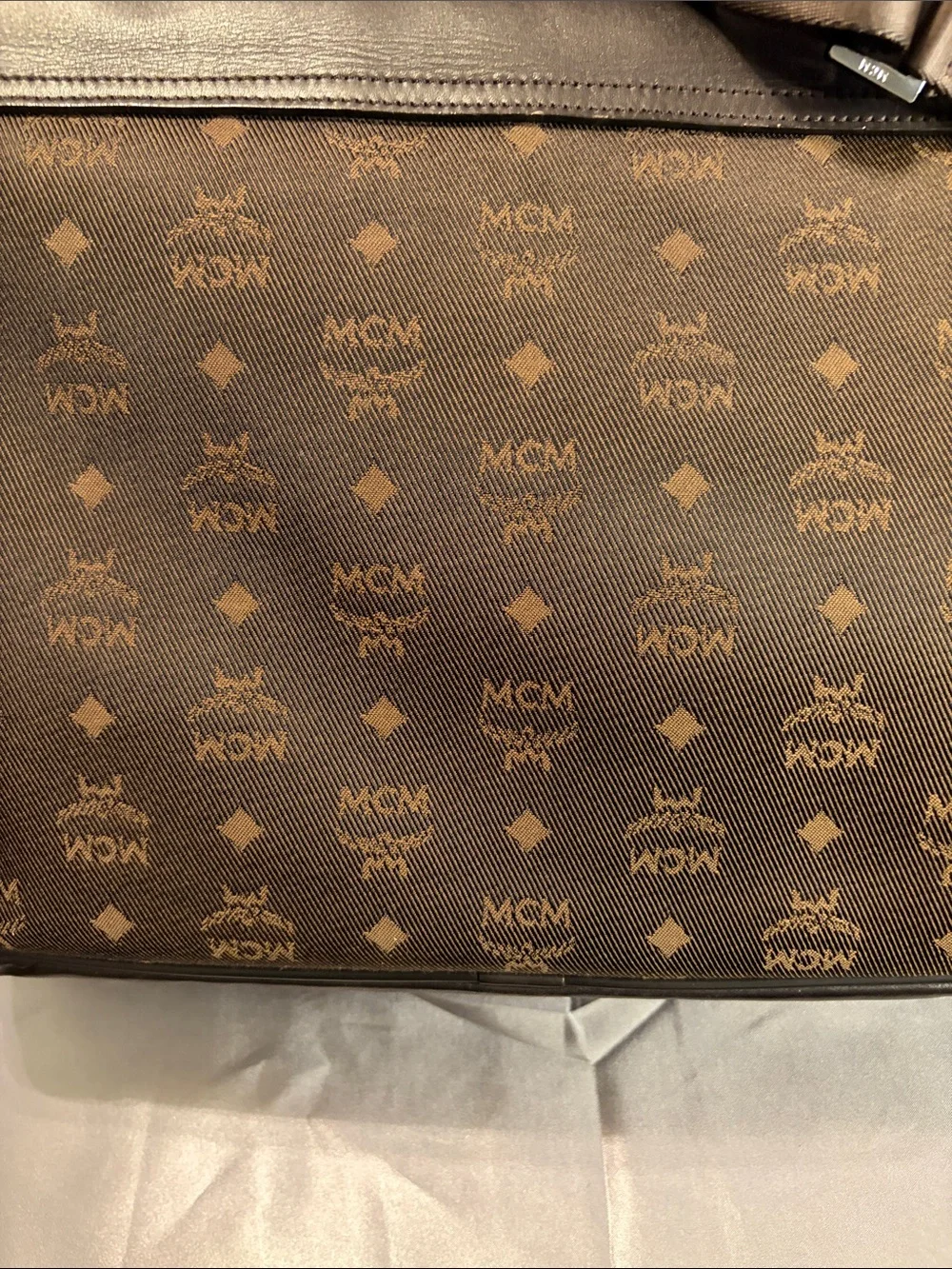 MCM Brown Leather Messenger Bag with Monogram Front Pockets